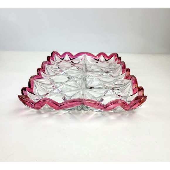 Vintage Tiffin Williamsburg Cranberry and Clear Pressed Glass 4 Part Relish Tray - Picture 6 of 12